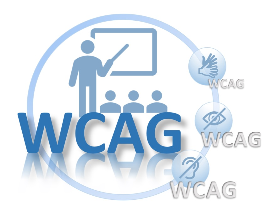Piktogram. WCAG. W tle trener dostępności i uczestnicy szkolenia.